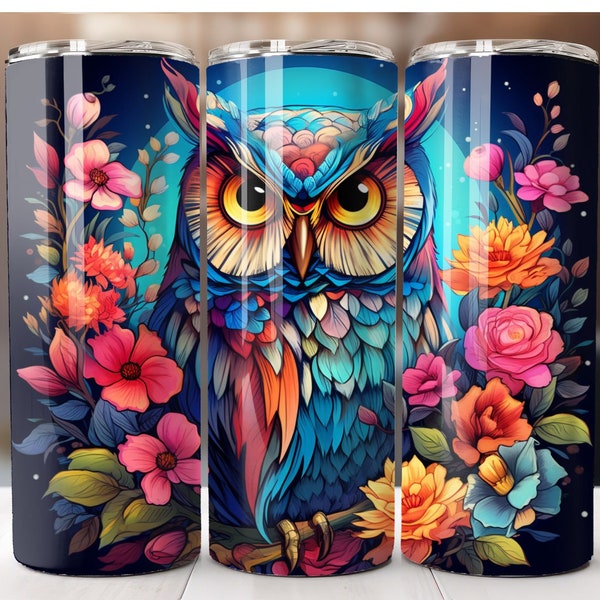 Colorful Owl surrounded by Flowers 20 oz Skinny Tumbler Sublimation Design Digital Download PNG Instant DIGITAL ONLY, Straight tumbler wrap