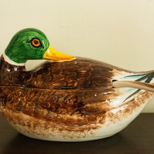 Vintage Porcelain Duck Soup Tureen, Mid-Century, Handpainted in Italy