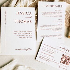 Modèle de jeu d'invitations de mariage bohème, invitation de mariage rustique moderne, carte de détails modifiables, cartes RSVP avec code QR, suite de mariage imprimable