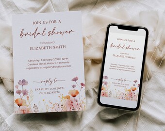 May include: A white bridal shower invitation with a floral border. The invitation reads "Join us for a bridal shower honouring Elizabeth Smith. Saturday, 1 January 20XX | 12PM Gardens Hotel, Hobart, Tasmania registered at registryboutique.com reply to Sarah by 01.01.20XX on 0412345678"