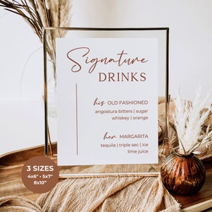 Modèle de boissons signature, carte des boissons modifiable, enseigne de boissons pour elle et lui, menu de bar imprimable, cocktails signature, modèle d&#39;enseigne de bar de mariage