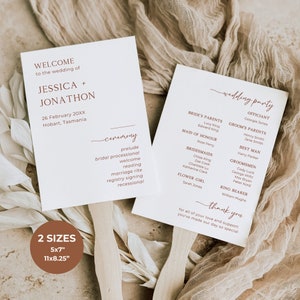 Puede incluir: Programa de ceremonia de boda con fondo blanco y texto marrón. El programa incluye los nombres Jessica y Jonathon, la fecha 26 de febrero y la ubicación Hobart, Tasmania. El programa también incluye una lista de los miembros de la fiesta de bodas y sus roles.