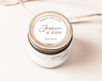 Espalhe o modelo de etiqueta Love Preserve, lembrancinhas de casamento personalizadas, adesivos editáveis para potes de geléia, etiquetas de mel imprimíveis, lembrancinhas acessíveis