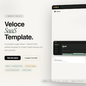 May include: A website template for SaaS startups and tech products. The design features a clean, modern interface with a dark mode dashboard. The text includes "Veloce SaaS Template" and "Build products that people love."