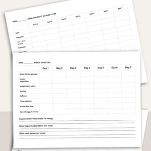May include: Two white sheets of paper with a detailed workout letter and a weekly reflection chart. The workout chart includes sections for date, exercises, and sets/reps/weight. The reflection chart has sections for water intake, fruits/vegetables, and other health metrics.