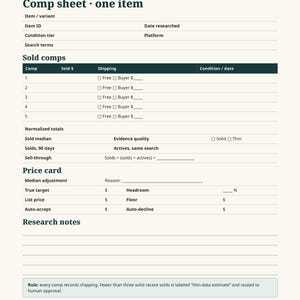 May include: A printable worksheet titled Appendix A Comp sheet one item, featuring sections for item details, sold comps with five rows for data, normalised totals, a price card, and a research notes area with lines for handwritten entries.