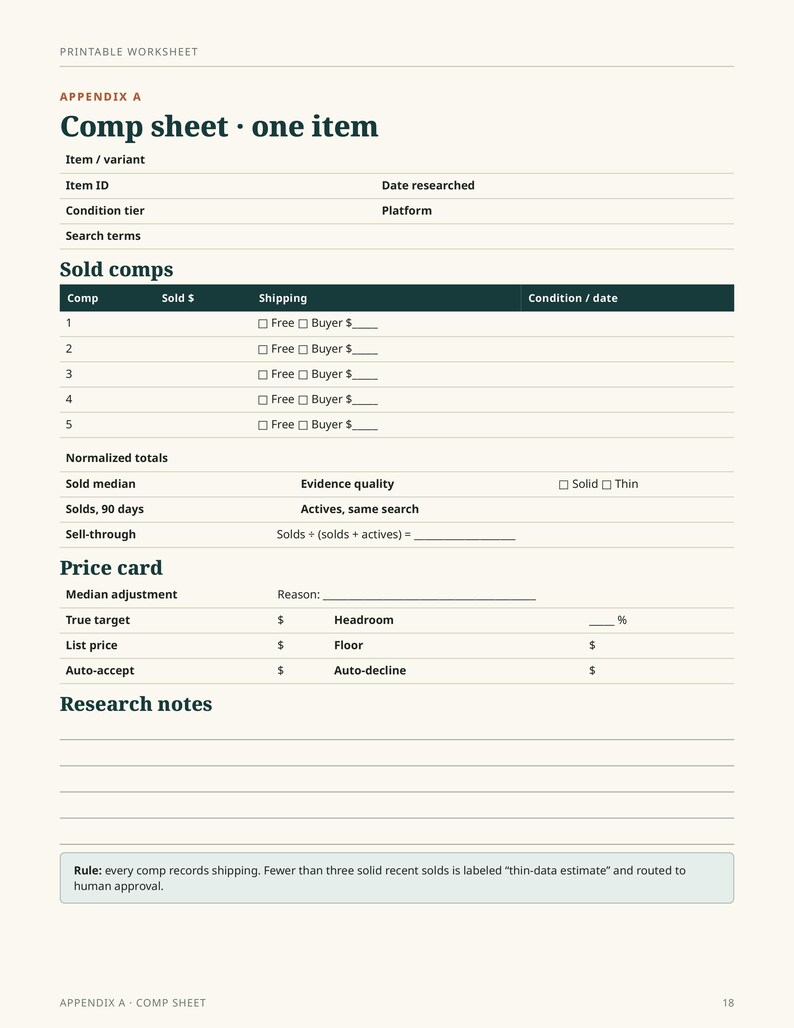 May include: A printable worksheet titled Appendix A Comp sheet one item, featuring sections for item details, sold comps with five rows for data, normalised totals, a price card, and a research notes area with lines for handwritten entries.
