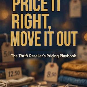 May include: A book cover titled PRICE IT RIGHT, MOVE IT OUT: The Thrift Reseller's Pricing Playbook. The text is in gold on a dark background, with smaller text at the bottom reading STRATEGIES &bull; PRACTICAL &bull; PROFITABLE. The background shows price tags.