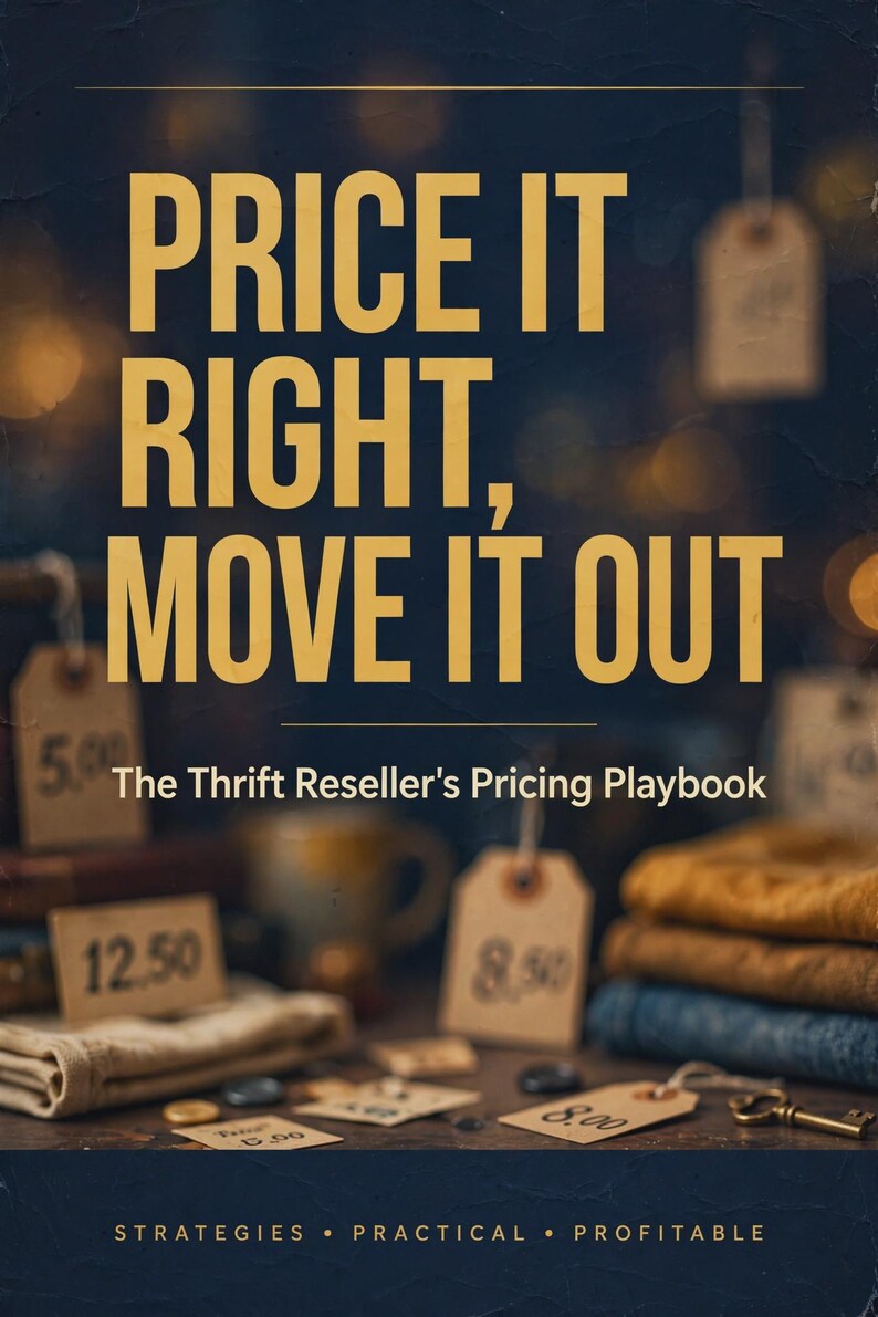 May include: A book cover titled PRICE IT RIGHT, MOVE IT OUT: The Thrift Reseller's Pricing Playbook. The text is in gold on a dark background, with smaller text at the bottom reading STRATEGIES &bull; PRACTICAL &bull; PROFITABLE. The background shows price tags.