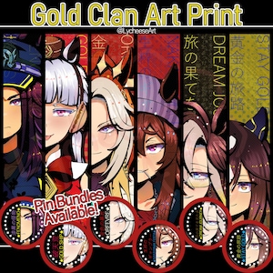 May include: A digital art print titled "Gold Clan Art Print" featuring anime-style character portraits. The artwork includes several vertical panels with character faces and Japanese text, along with circular pin designs. Text on the print reads "Pin Bundles Available!"