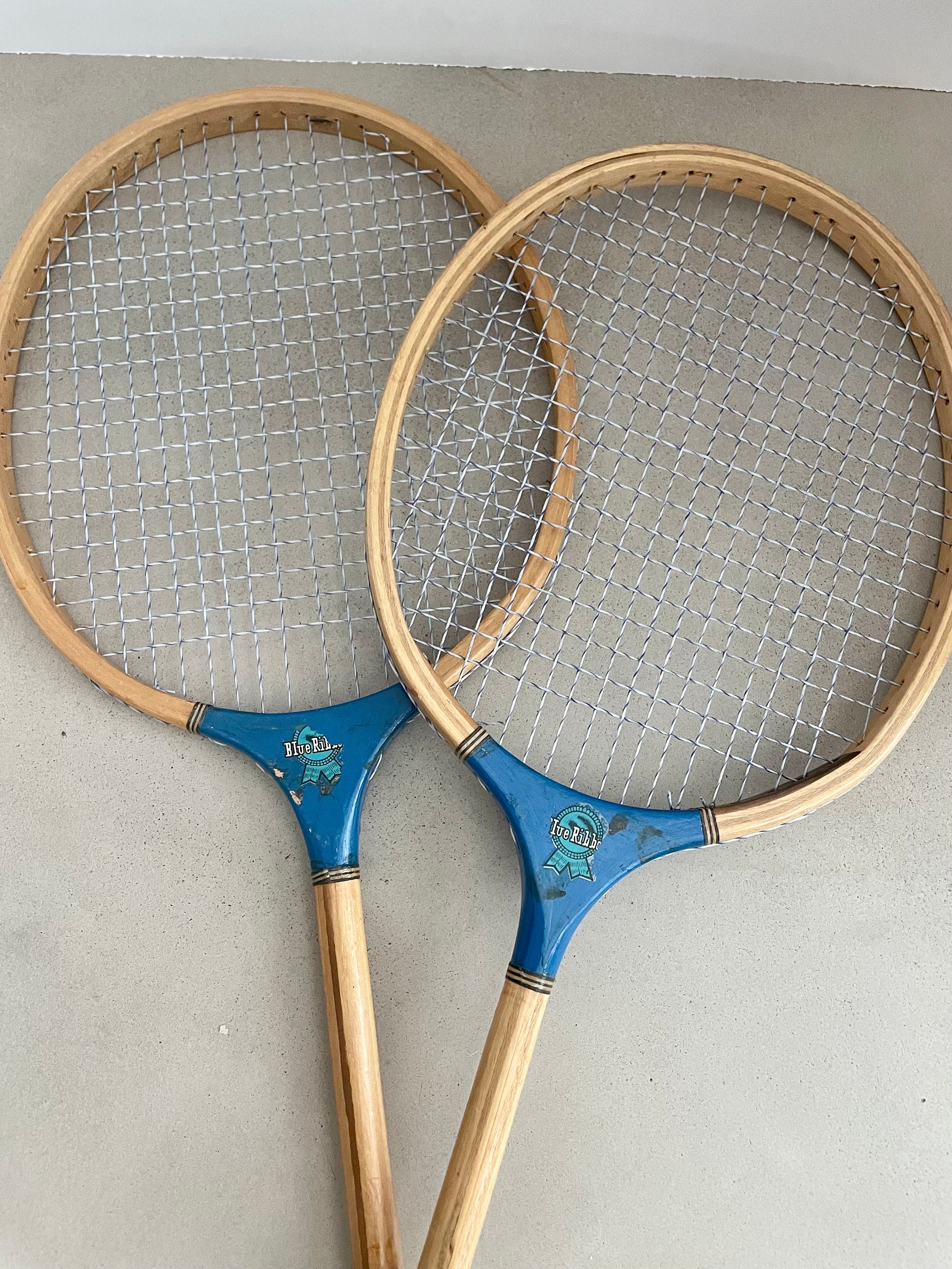 Set of 2 Vintage Wooden Blue Ribbon Badminton Racket