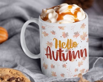 Hello Autumn Ceramic Mug, Fall Leaves Coffee Mug, 11oz