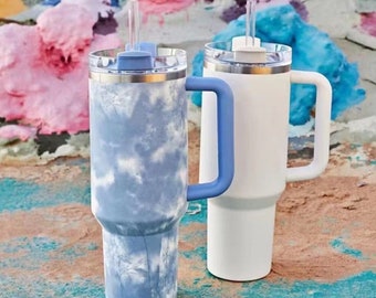 Tie Dye-beker van 40 oz met handvat, aangepaste beker met deksel en rietje