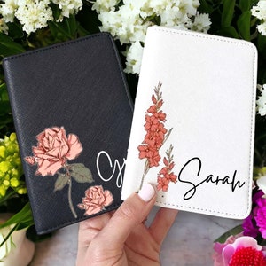 Gepersonaliseerde geboortemaand bloemen paspoorthoes, geboortebloem paspoorthoes, geboortebloem bagagelabel, paspoorthoes voor vrouwen, reiscadeaus