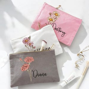 Personalized Makeup Bag, Birth Month Flower Makeup Bag, Gifts For Her, Personalized Makeup Bag For Bridesmaids, Bridesmaids Gifts