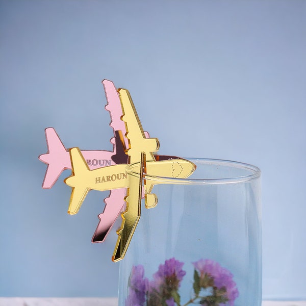 Etiquettes pour boissons avion personnalisées, marque-places avion, étiquettes en verre avion personnalisées, décorations en verre personnalisées, décorations de mariage personnalisées