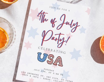 Red White And Blue Party Invitations, 4th of July Party Invite, Editable Party Invitation, Instant Download Invitation, Independence Day