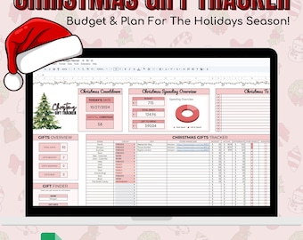 May include: A Google Sheets spreadsheet with a Christmas gift tracker template. The spreadsheet includes sections for gifts overview, gift finder, Christmas countdown, Christmas spending overview, and Christmas gifts tracker. The spreadsheet is decorated with a festive Christmas theme.