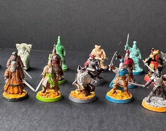 May include: A collection of 15 hand-painted miniature figures, each standing on a round base. The figures are a variety of colors, including red, blue, green, and brown. They are all wearing different costumes and holding various weapons and accessories.