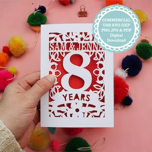 Modelo de cartão de corte de papel de 8º aniversário para Cricut ou corte a laser, SVG, DXF ou PDF