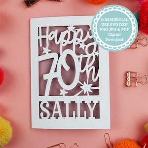 Modèle Papercut de carte 70e anniversaire PDF SVG, carte d'âge 70 ans fichier SVG pour Cricut, téléchargement numérique, fabrication de cartes Cricut, carte Dxf