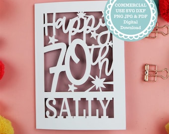 SVG PDF Personalised 70th Birthday Card Papercut Template, age 70 card SVG File for Cricut, Digital Download Cricut Card Making, Dxf Card