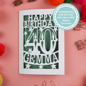 40° compleanno Papercut Card SVG, biglietti di compleanno personalizzati per taglio laser o Cricut