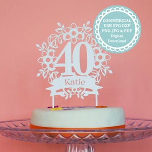 Plantilla de adorno para tarta de cumpleaños número 40 personalizada (SVG) para uso comercial, Cricut Svg, descarga digital, ideas de decoración de tartas DIY con Cricut