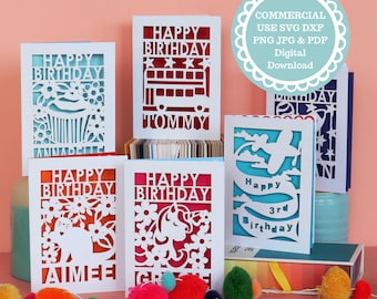 Kids' Birthday  Card Paper Cut Template Bundle, Cricut or Laser Cut SVG Files
