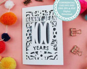 100th Birthday Card SVG for Cricut or Laser Cutting, Commercial Use Papercut Insert Cards