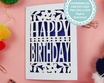 SVG Papercut Birthday Card, Happy Birthday, Laser, Cricut Template Files