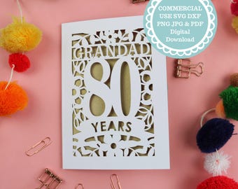Personalised 80th Birthday Card  SVG, Papercut Template File for Cricut, Commercial Use Digital Download
