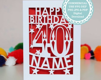 SVG PDF Personalised 40th Birthday Card Papercut Template, age 40 card SVG File for Cricut, Digital Download Cricut Card Making, Dxf Card