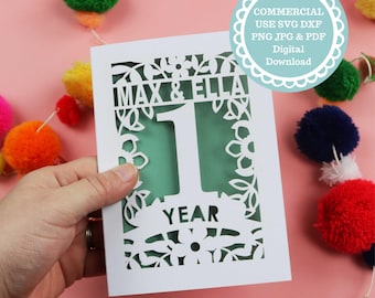1st Anniversary Papercut Card SVG For Cricut of Laser Cutting. Paper Wedding Anniversary