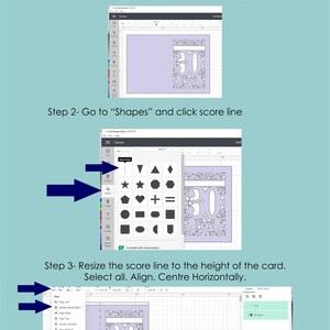 K&ouml;nnte beinhalten: Ein Screenshot eines Designprogramms, das ein Werkzeug f&uuml;r eine Score-Linie zeigt. Das Score-Linien-Werkzeug ist blau hervorgehoben. Das Designprogramm zeigt ein Design f&uuml;r eine 30. Geburtstagskarte. Die Karte ist helllila mit einer wei&szlig;en Umrandung der Zahl 30 und den Worten "30 Jahre" in wei&szlig;.