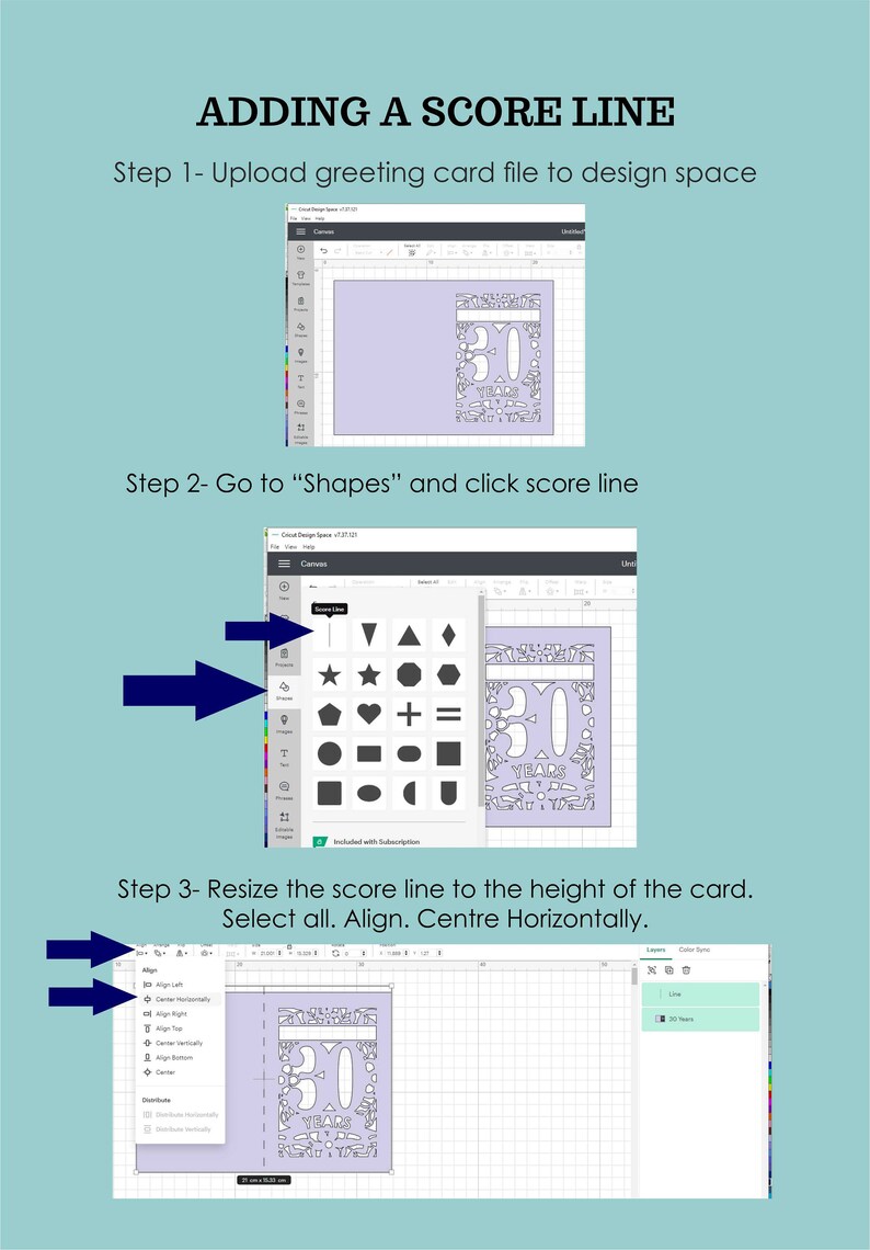K&ouml;nnte beinhalten: Ein Screenshot eines Designprogramms, das ein Werkzeug f&uuml;r eine Score-Linie zeigt. Das Score-Linien-Werkzeug ist blau hervorgehoben. Das Designprogramm zeigt ein Design f&uuml;r eine 30. Geburtstagskarte. Die Karte ist helllila mit einer wei&szlig;en Umrandung der Zahl 30 und den Worten "30 Jahre" in wei&szlig;.