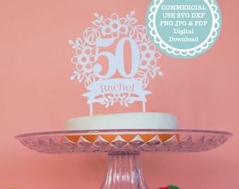 SVG COMMERCIAL USE Personalised 50th birthday Cake Topper Template, Cricut Svg, Digital Download, Cricut Diy cake decorating ideas