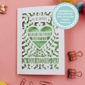 Cartão de casamento recortado em papel SVG, modelo de casamento Cricut, arquivos cortados a laser