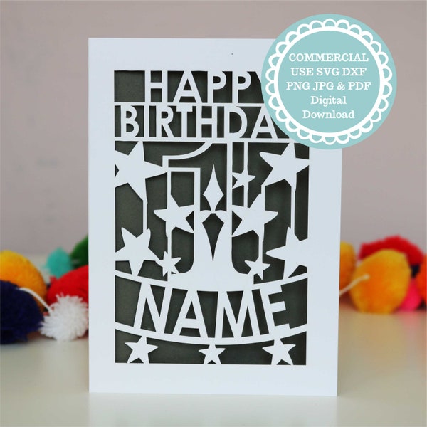 SVG PDF Personalised 1st Birthday Card Papercut Template, age 1 card SVG File for Cricut, Digital Download Cricut Card Making, Dxf Card