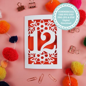 Plantilla de corte de papel para tarjeta de 12.º cumpleaños: SVG, PDF, DXF para Cricut o corte láser, descarga digital