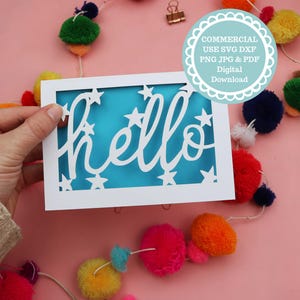 May include: A white card with the word "hello" cut out, surrounded by stars, against a blue background. The card is held by a hand, with a colorful pom-pom garland in the background. The image includes a digital download label.