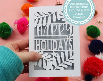 SVG COMMERCIAL USE Happy Holidays Christmas Card Papercut Template, File for Cricut, Digital Download, gift or card