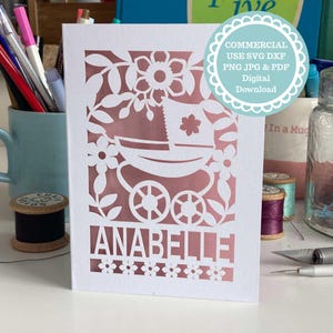 New Baby SVG forCricut projects, a vintage pram is surrounded by flowers and has a space for personalisation with a name