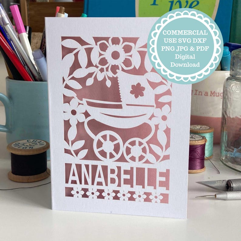 New Baby SVG forCricut projects, a vintage pram is surrounded by flowers and has a space for personalisation with a name