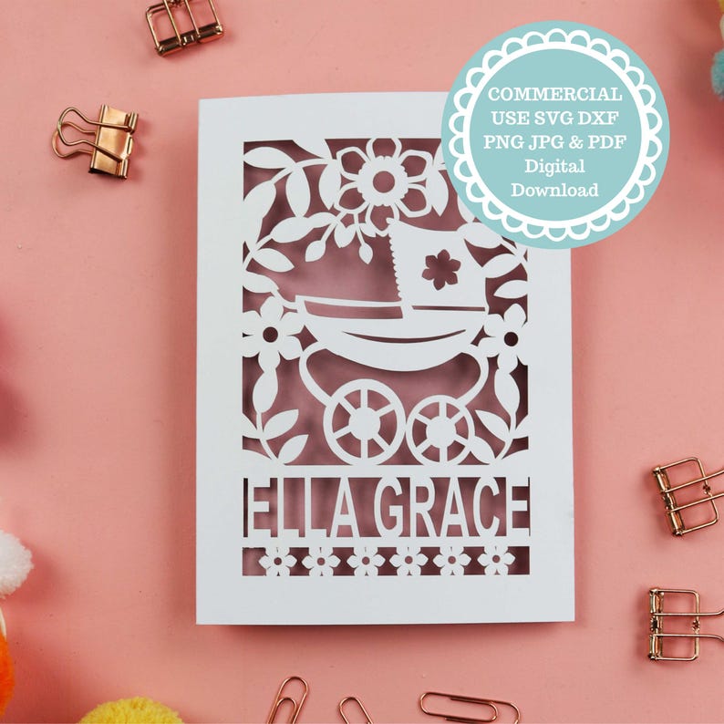 A personalised new baby card SVG with a vintage pram and floral border and baby's name