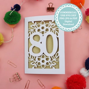 80. Geburtstag Cricut Karte SVG, Papierschnitt Einlegekarten