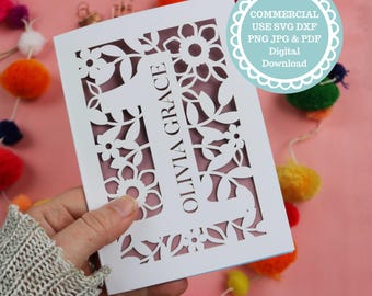 SVG Personalised 1st Birthday Card Papercut Template, SVG File for Cricut, Digital Download, Personalisable card, One, First Birthday Gift