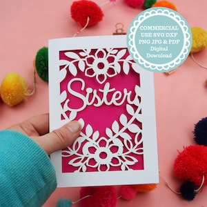 Plantilla de corte de papel para tarjeta de hermana en formato SVG y PDF, archivo SVG para Cricut, descarga digital para el Día de la Madre, tarjeta de cumpleaños para hermana