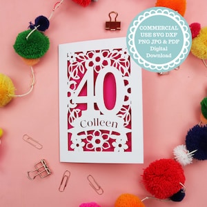 Modèle Papercut SVG personnalisé pour carte 40e anniversaire, fichier pour Cricut ou découpe laser, téléchargement numérique pour usage commercial