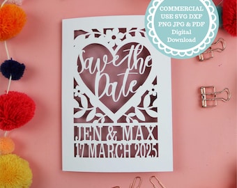 SVG COMMERCIAL USE Personalised Save The Date Wedding Card Papercut Template, Cricut Svg, Digital Download, Cricut card making